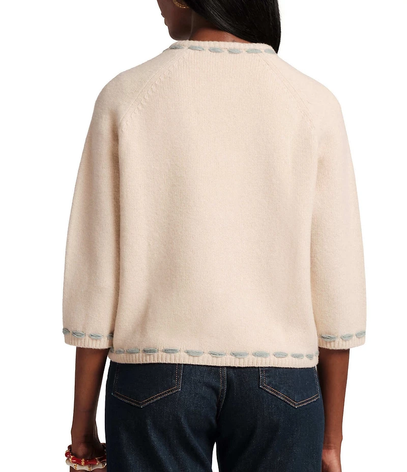 FRANCES VALENTINE Lambswool Blanket Stitch Floral Embroidered Cardigan
