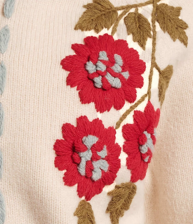 FRANCES VALENTINE Lambswool Blanket Stitch Floral Embroidered Cardigan