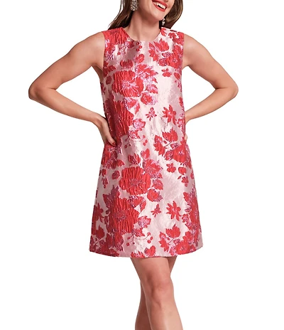 FRANCES VALENTINE Lilly Metallic Floral Jacquard Round Neck Sleeveless Shift Dress