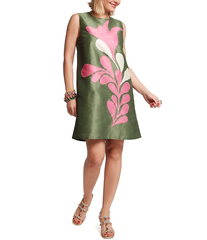 FRANCES VALENTINE Lilly Poly Dupion Modern Palm Print Crew Neck Sleeveless Shift Dress