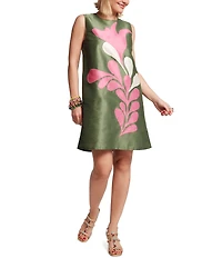 FRANCES VALENTINE Lilly Poly Dupion Modern Palm Print Crew Neck Sleeveless Shift Dress