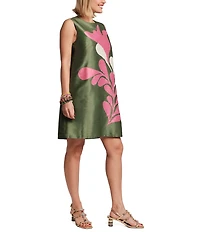 FRANCES VALENTINE Lilly Poly Dupion Modern Palm Print Crew Neck Sleeveless Shift Dress