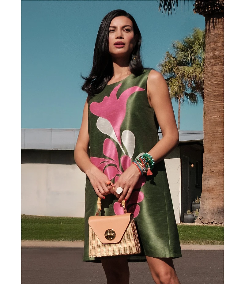 FRANCES VALENTINE Lilly Poly Dupion Modern Palm Print Crew Neck Sleeveless Shift Dress