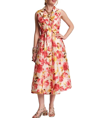 FRANCES VALENTINE Lucia English Rose Print Dupioni Sleeveless Peak Lapel V-Neck Midi Wrap Dress