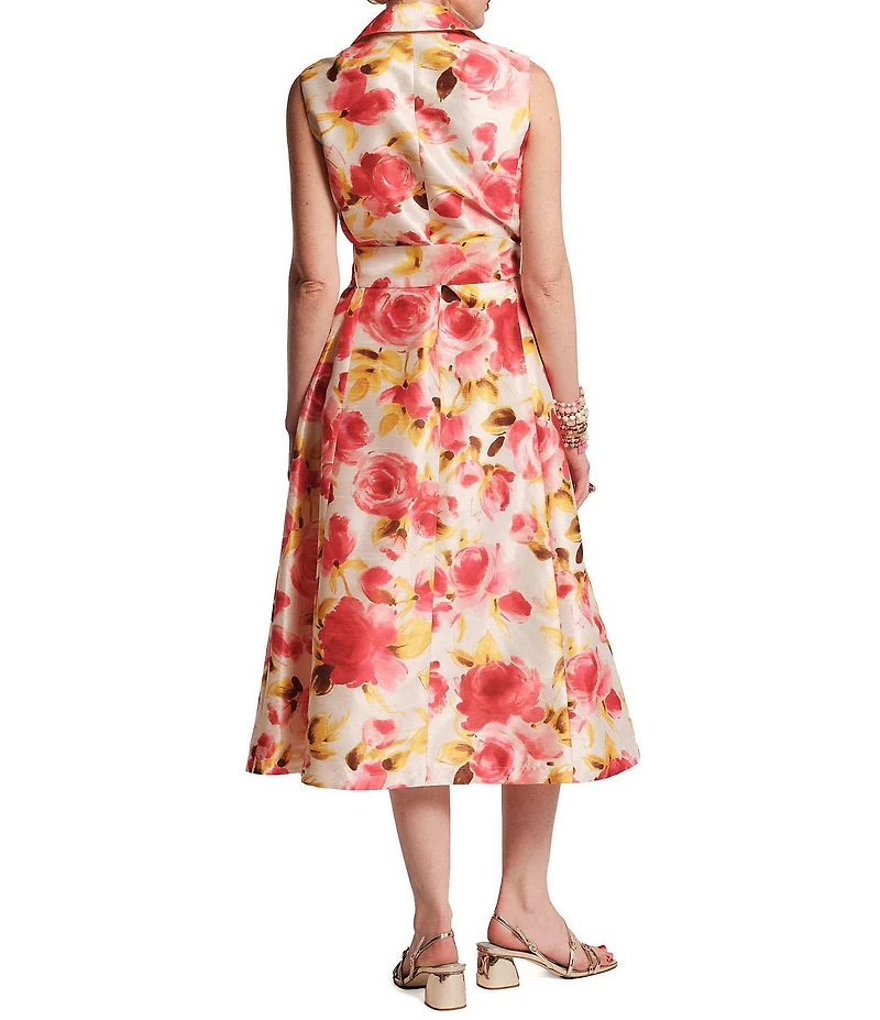 FRANCES VALENTINE Lucia English Rose Print Dupioni Sleeveless Peak Lapel V-Neck Midi Wrap Dress