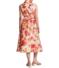 FRANCES VALENTINE Lucia English Rose Print Dupioni Sleeveless Peak Lapel V-Neck Midi Wrap Dress