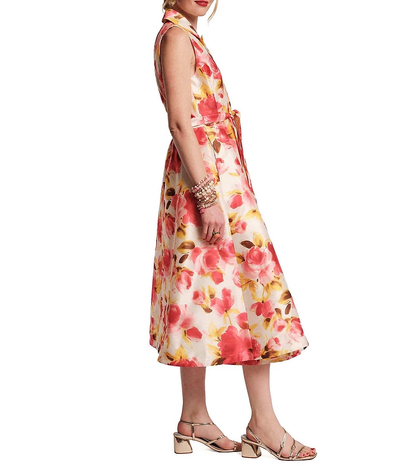 FRANCES VALENTINE Lucia English Rose Print Dupioni Sleeveless Peak Lapel V-Neck Midi Wrap Dress