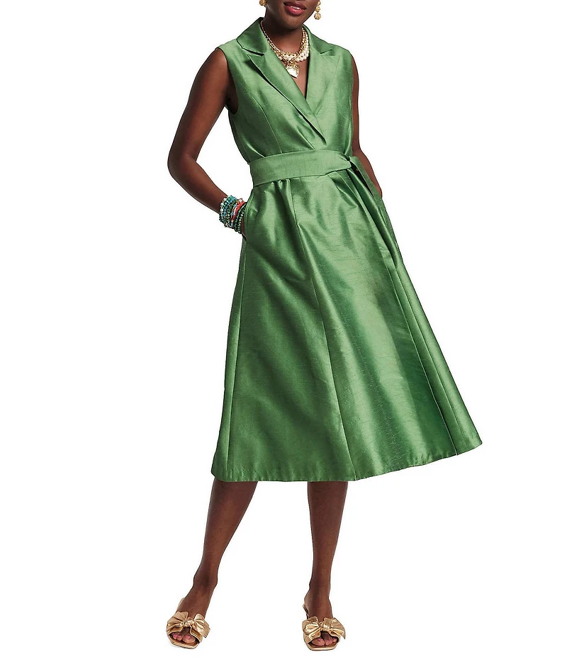 FRANCES VALENTINE Lucia Dupioni V-Neck Sleeveless Tie Waist Dress