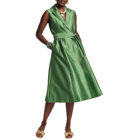 FRANCES VALENTINE Lucia Dupioni V-Neck Sleeveless Tie Waist Dress