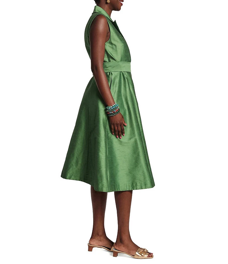 FRANCES VALENTINE Lucia Dupioni V-Neck Sleeveless Tie Waist Dress