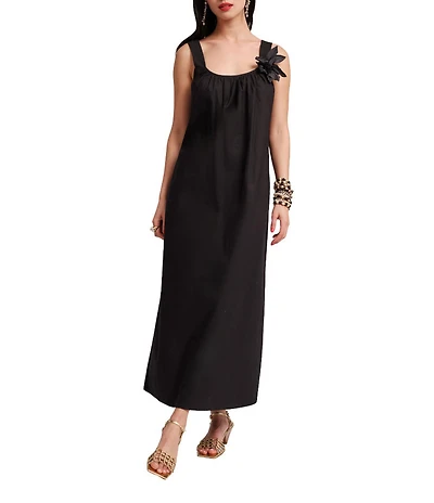 FRANCES VALENTINE Lynda Poplin Scoop Neck Sleeveless Ornamental Flower Maxi Dress