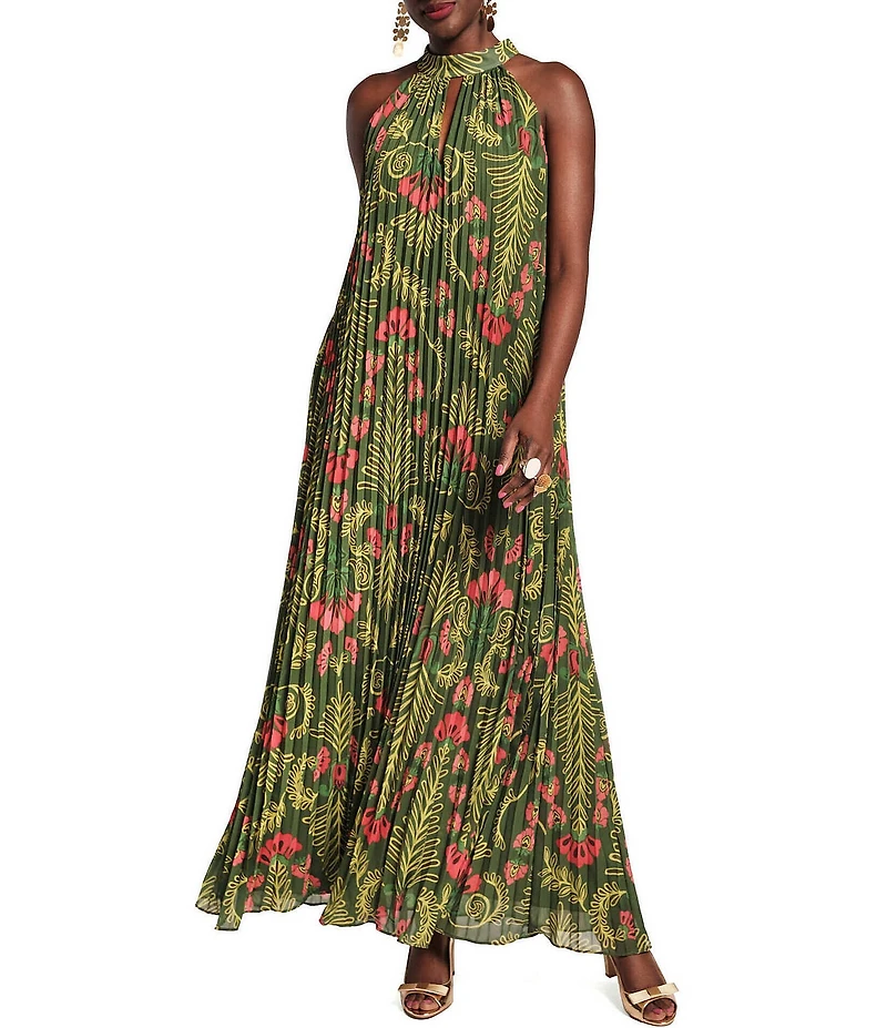 FRANCES VALENTINE Medallion Floral Print Halter Neck Sleeveless A-Line Pleated Maxi Dress