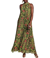 FRANCES VALENTINE Medallion Floral Print Halter Neck Sleeveless A-Line Pleated Maxi Dress