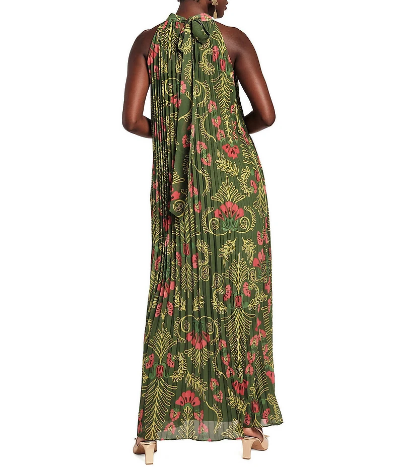 FRANCES VALENTINE Medallion Floral Print Halter Neck Sleeveless A-Line Pleated Maxi Dress