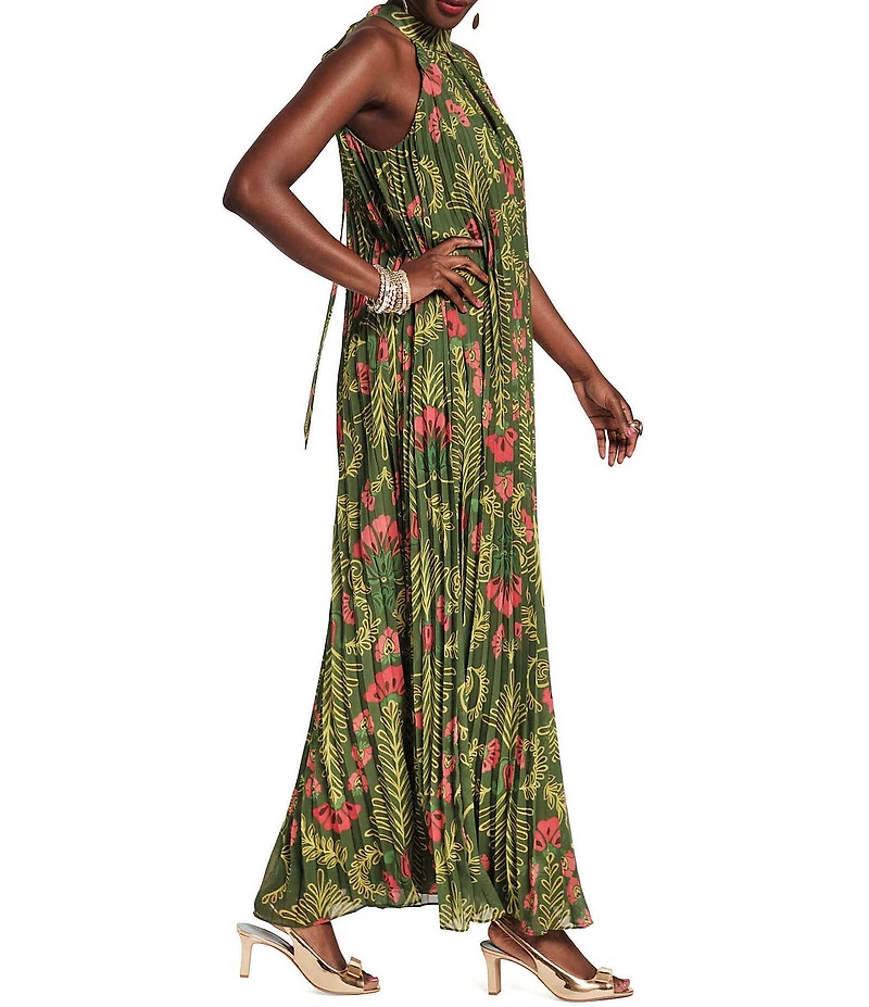 FRANCES VALENTINE Medallion Floral Print Halter Neck Sleeveless A-Line Pleated Maxi Dress