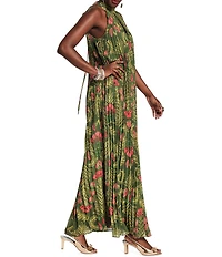 FRANCES VALENTINE Medallion Floral Print Halter Neck Sleeveless A-Line Pleated Maxi Dress