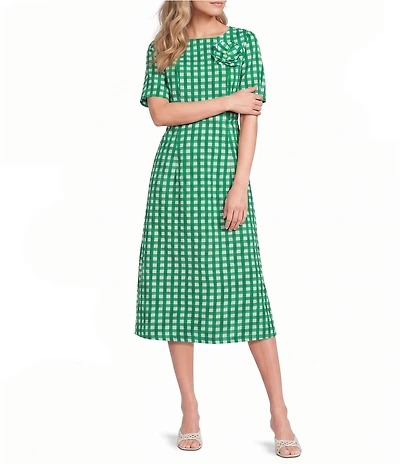 FRANCES VALENTINE Michelle Gingham Print Scoop Neck Short Sleeve 3D Flower Midi Dress