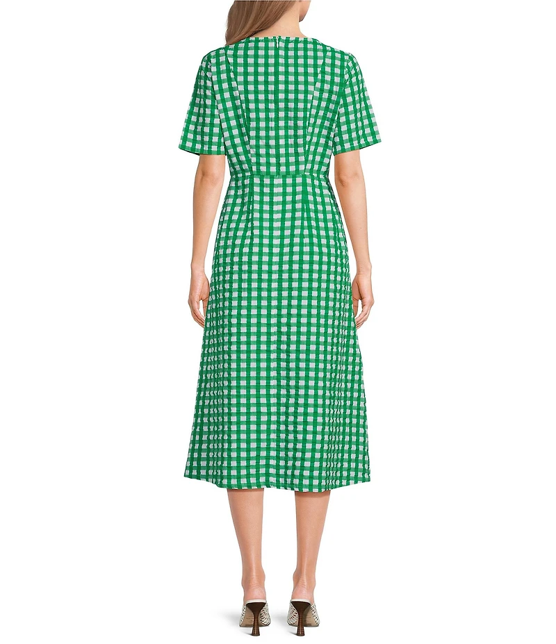 FRANCES VALENTINE Michelle Gingham Print Scoop Neck Short Sleeve 3D Flower Midi Dress
