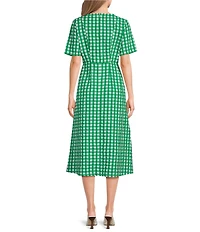 FRANCES VALENTINE Michelle Gingham Print Scoop Neck Short Sleeve 3D Flower Midi Dress