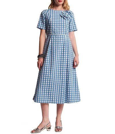 FRANCES VALENTINE Michelle Gingham Print Scoop Neck Short Sleeve 3D Flower Midi Dress