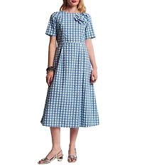 FRANCES VALENTINE Michelle Gingham Print Scoop Neck Short Sleeve 3D Flower Midi Dress