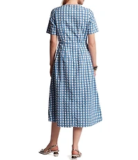 FRANCES VALENTINE Michelle Gingham Print Scoop Neck Short Sleeve 3D Flower Midi Dress