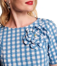 FRANCES VALENTINE Michelle Gingham Print Scoop Neck Short Sleeve 3D Flower Midi Dress