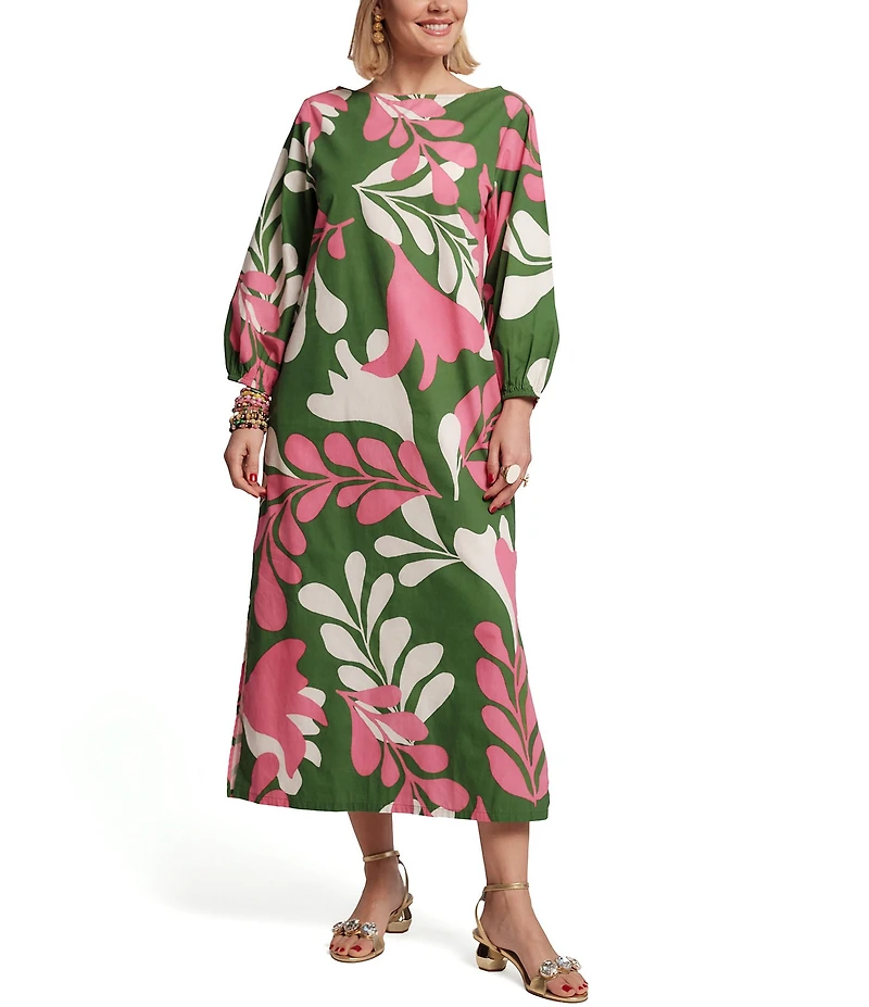 FRANCES VALENTINE Minnow Modern Palm Print Boat Neck Long Sleeve Maxi Dress