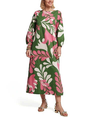 FRANCES VALENTINE Minnow Modern Palm Print Boat Neck Long Sleeve Maxi Dress