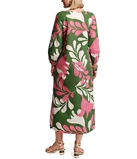 FRANCES VALENTINE Minnow Modern Palm Print Boat Neck Long Sleeve Maxi Dress