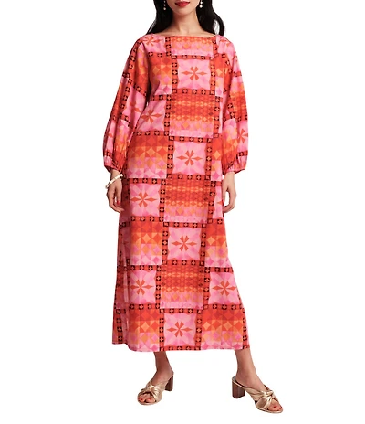 FRANCES VALENTINE Minnow Mosaic Print Boat Neck Long Sleeve Maxi Dress