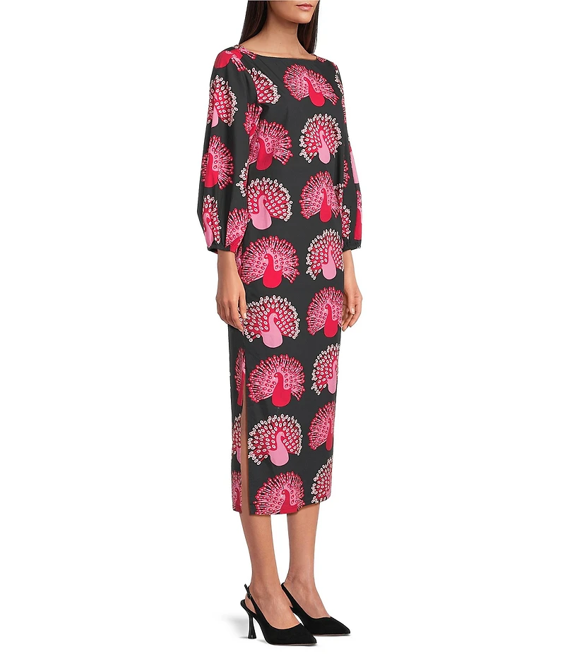 FRANCES VALENTINE Minnow Peacock Print Boat Neck 3/4 Sleeve Maxi Dress
