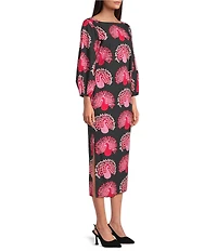 FRANCES VALENTINE Minnow Peacock Print Boat Neck 3/4 Sleeve Maxi Dress
