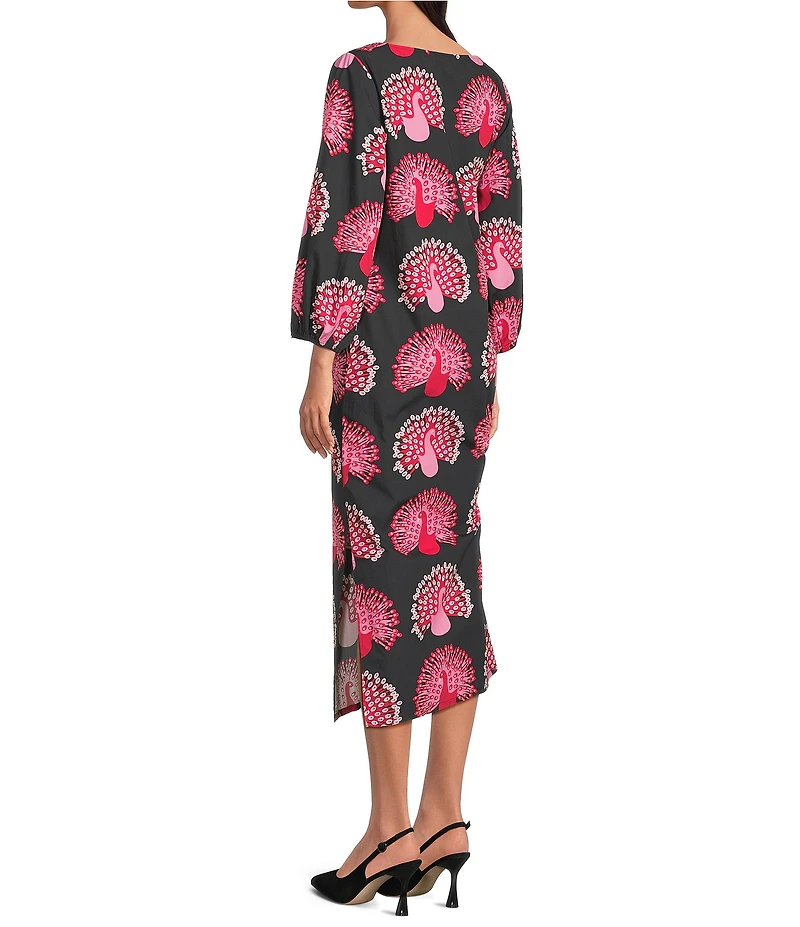 FRANCES VALENTINE Minnow Peacock Print Boat Neck 3/4 Sleeve Maxi Dress