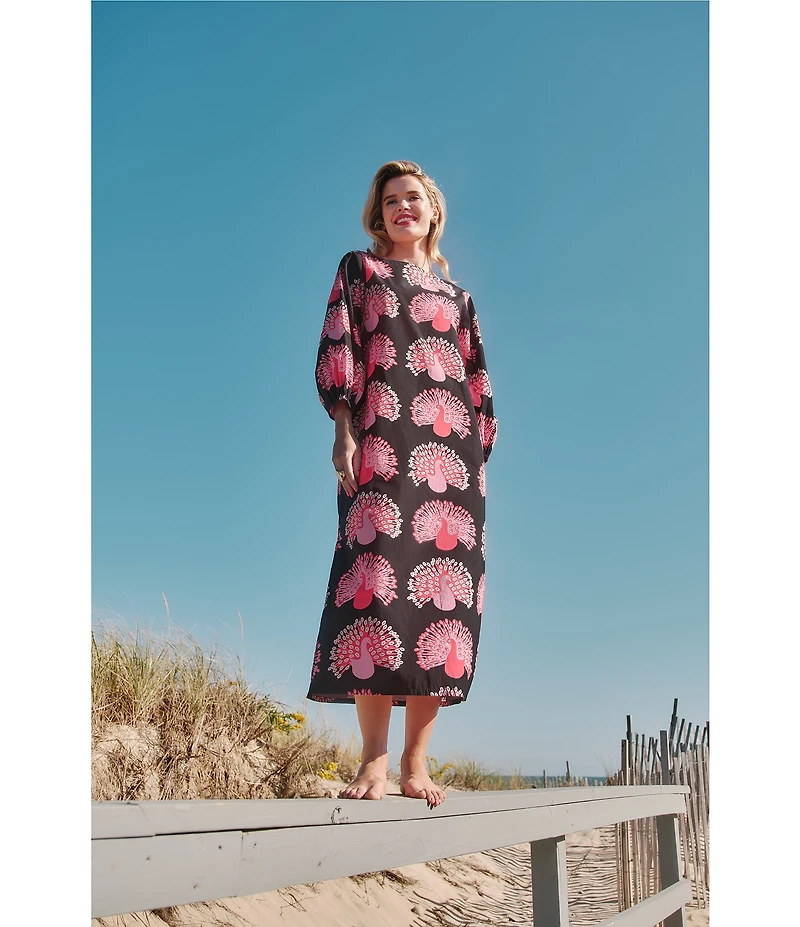 FRANCES VALENTINE Minnow Peacock Print Boat Neck 3/4 Sleeve Maxi Dress