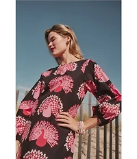 FRANCES VALENTINE Minnow Peacock Print Boat Neck 3/4 Sleeve Maxi Dress