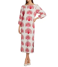 FRANCES VALENTINE Minnow Peacock Print Boat Neck 3/4 Sleeve Maxi Dress