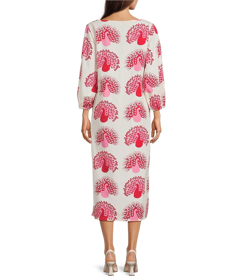 FRANCES VALENTINE Minnow Peacock Print Boat Neck 3/4 Sleeve Maxi Dress