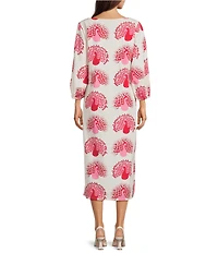 FRANCES VALENTINE Minnow Peacock Print Boat Neck 3/4 Sleeve Maxi Dress