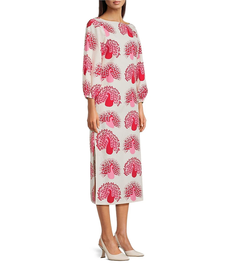 FRANCES VALENTINE Minnow Peacock Print Boat Neck 3/4 Sleeve Maxi Dress