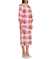 FRANCES VALENTINE Minnow Peacock Print Boat Neck 3/4 Sleeve Maxi Dress