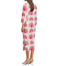 FRANCES VALENTINE Minnow Peacock Print Boat Neck 3/4 Sleeve Maxi Dress