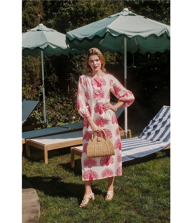 FRANCES VALENTINE Minnow Peacock Print Boat Neck 3/4 Sleeve Maxi Dress