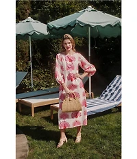 FRANCES VALENTINE Minnow Peacock Print Boat Neck 3/4 Sleeve Maxi Dress