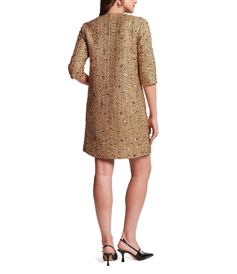FRANCES VALENTINE Mod Sequin Wool Blend Round Neck 3/4 Sleeve Round Pocket Dress