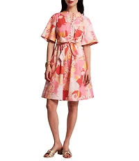 FRANCES VALENTINE Nancy Floral Poplin Mock Neck Elbow Sleeve Tie Waist Dress