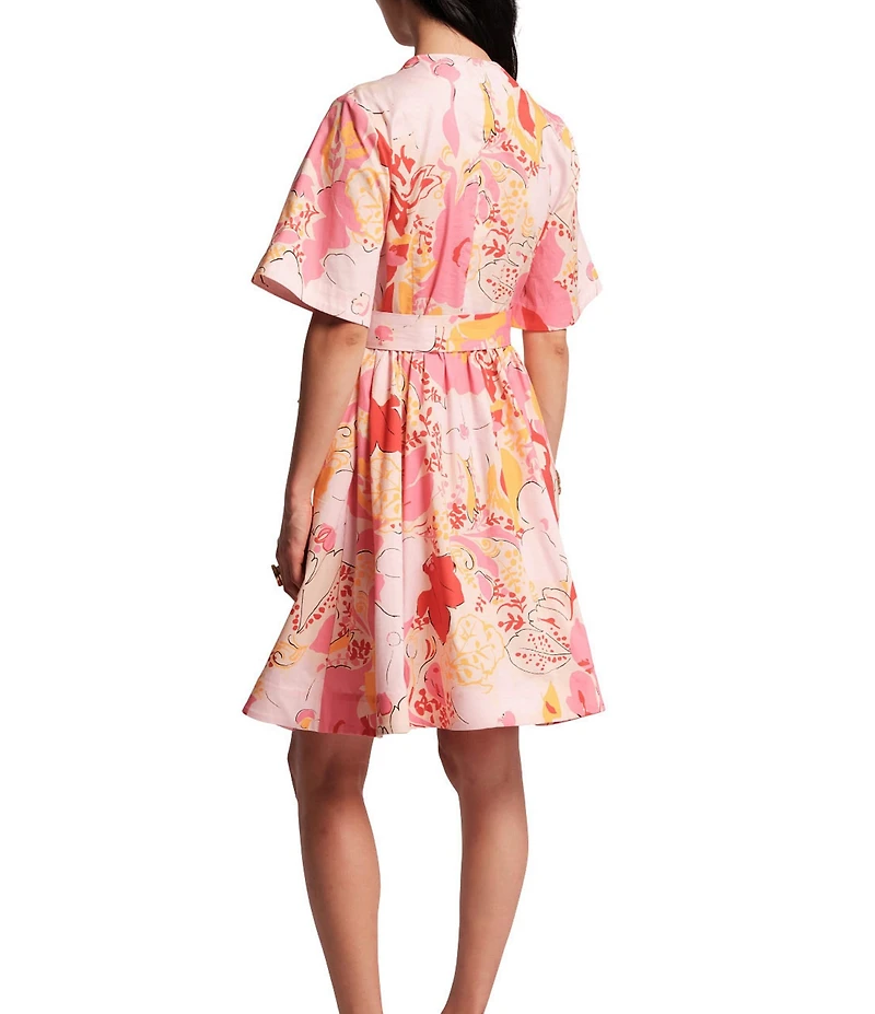 FRANCES VALENTINE Nancy Floral Poplin Mock Neck Elbow Sleeve Tie Waist Dress
