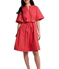 FRANCES VALENTINE Nancy Poplin High Neck Short Sleeve Tie Waist Dress