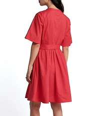 FRANCES VALENTINE Nancy Poplin High Neck Short Sleeve Tie Waist Dress
