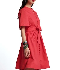 FRANCES VALENTINE Nancy Poplin High Neck Short Sleeve Tie Waist Dress